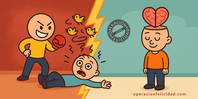 Ilustración sobre inteligencia emocional: una persona discute agresivamente mientras otra mantiene la calma y empatía y está feliz