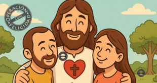 Ilustración de Jesús abrazando con ternura a un hombre y una mujer, representando su amor incondicional.