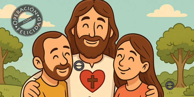 Ilustración de Jesús abrazando con ternura a un hombre y una mujer, representando su amor incondicional.