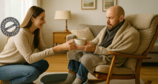 Mujer ofreciendo una taza de té con ternura a un hombre enfermo en casa, gesto de amor y compasión.