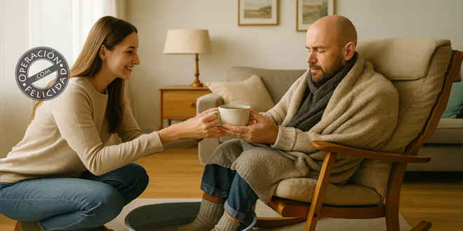 Mujer ofreciendo una taza de té con ternura a un hombre enfermo en casa, gesto de amor y compasión.