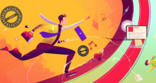 Ilustración de una persona corriendo con objetos de trabajo y tecnología alrededor, simbolizando lo que ocurre cuando te sientes estancado y buscas avanzar
