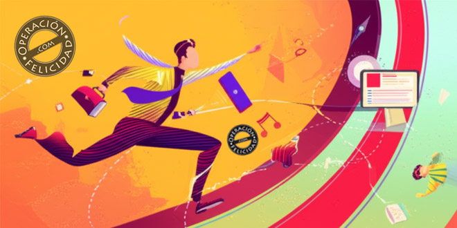 Ilustración de una persona corriendo con objetos de trabajo y tecnología alrededor, simbolizando lo que ocurre cuando te sientes estancado y buscas avanzar